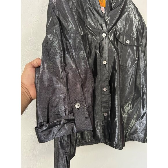 Ruby Rd. Metallic Button-Down Shirt For Women 3X Shiny Black Gray Cotton Blend - Picture 4 of 9